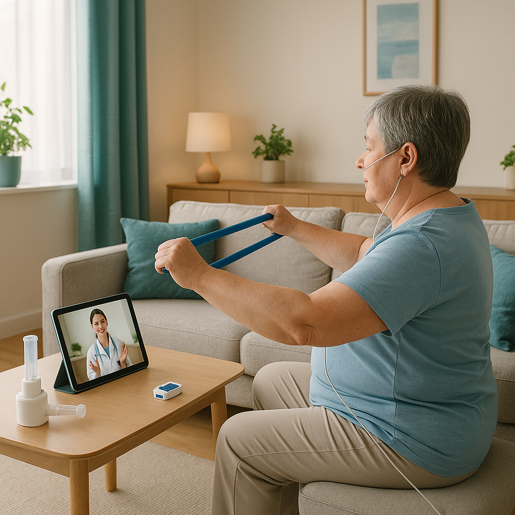 Person with COPD exercising at home with guidance from a virtual clinician on a tablet; spirometer and pulse oximeter visible on a table.