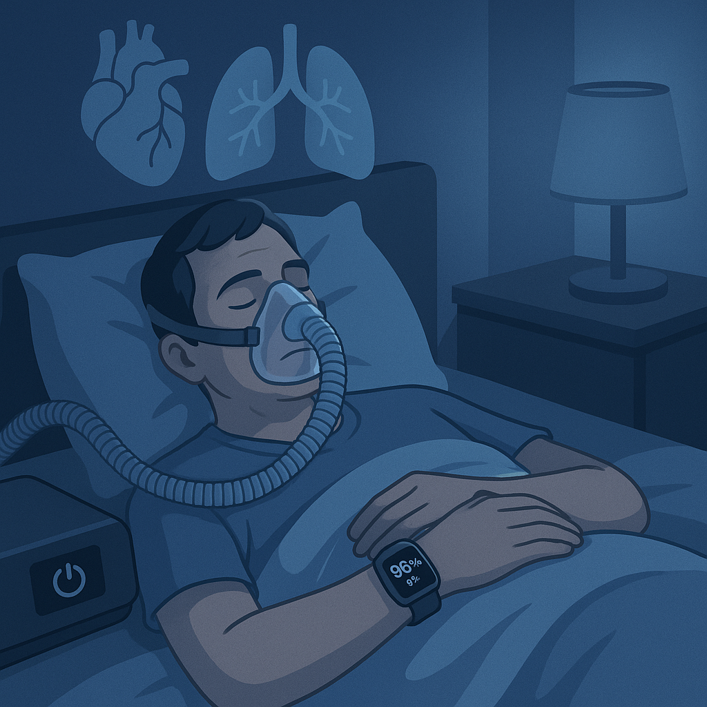 Person sleeping with CPAP and wearable oximeter; subtle heart and lung overlay indicating COPD–OSA overlap.